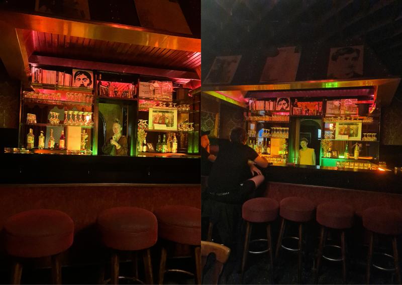 Two night-lit views of a stylishly furnished bar with a retro atmosphere, glass shelves and decorative portraits, each with a person at or behind the bar