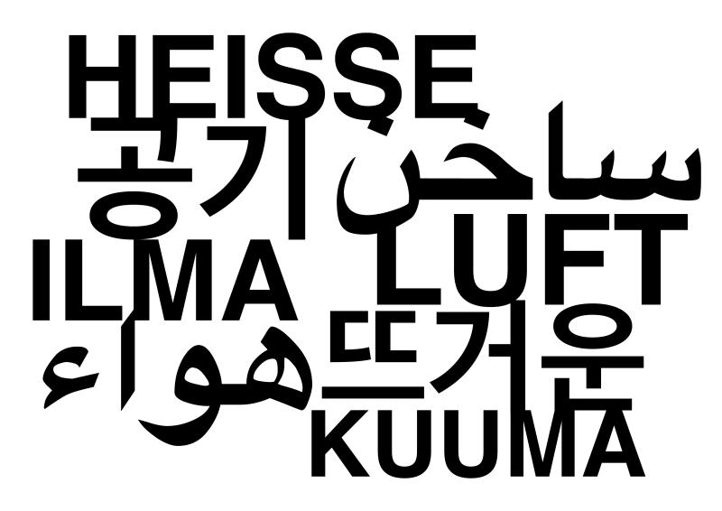 Mehrsprachige Wortcollage mit dem Ausdruck „Heiße Luft“ in verschiedenen Schriftsystemen, visuell verdichtet in Schwarz auf weißem Hintergrund.