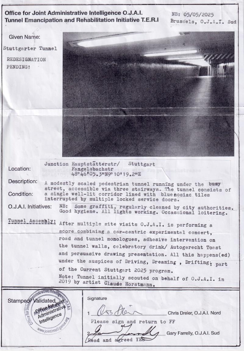 Amtliches O.J.A.I.-Formular zur künstlerischen Umwidmung eines Stuttgarter Fußgängertunnels.