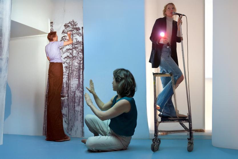 The image shows the artist Cécile Kobel ironing a curtain printed with trees using a steamer.