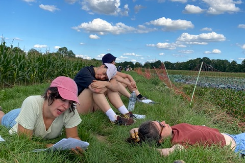 The image shows several people relaxing on a meadow next to a field, reading or talking to each other, with a clear blue sky and white clouds in the background.