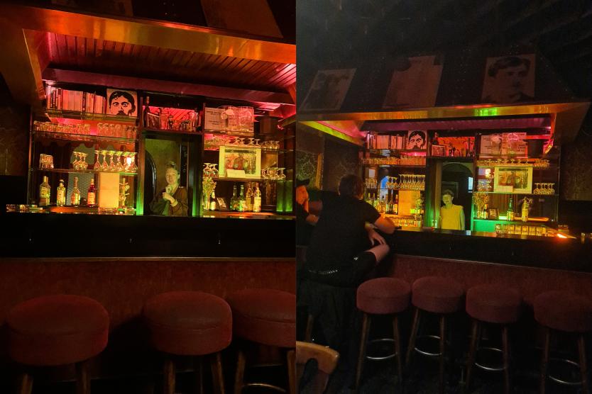 Two night-lit views of a stylishly furnished bar with a retro atmosphere, glass shelves and decorative portraits, each with a person at or behind the bar