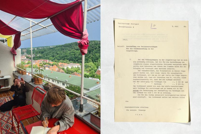 Links zwei Personen auf einem Balkon mit Blick über eine grüne Stadtlandschaft unter rotem Stoffdach, rechts ein historisches Dokument zur Beschaffung von Terrassenvorhängen aus dem Jahr 1929.