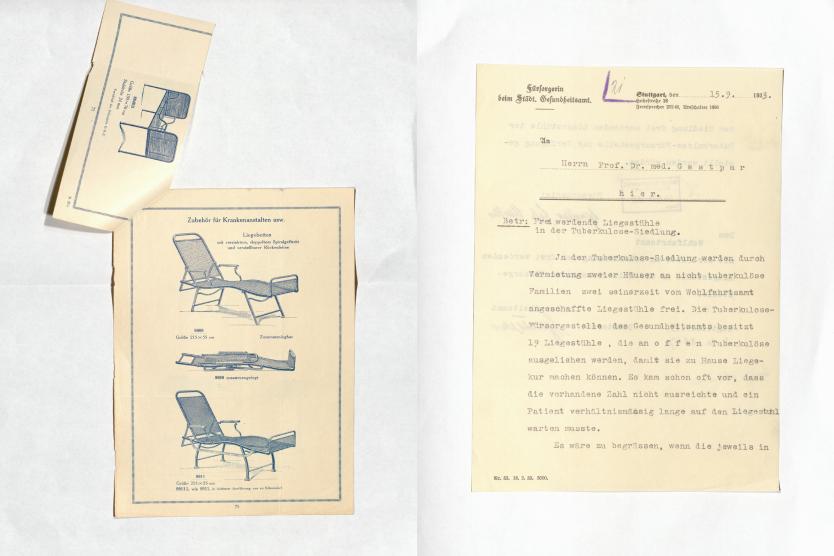 Links historische Illustrationen von verstellbaren Liegebetten für Krankenanstalten, rechts ein maschinengeschriebener Brief von 1933 zur Verteilung von Liegestühlen in einer Tuberkulose-Siedlung.