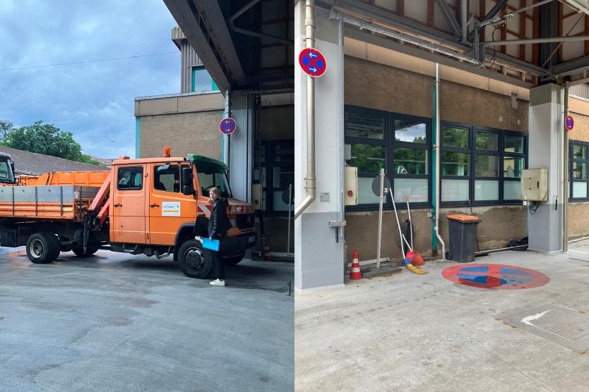 Links steigt eine Person mit blauer Mappe in ein orangefarbenes Kommunalfahrzeug ein, rechts sind Besen, Schaufeln und Verkehrskegel an einer Gebäudewand unter einem Unterstand abgestellt.